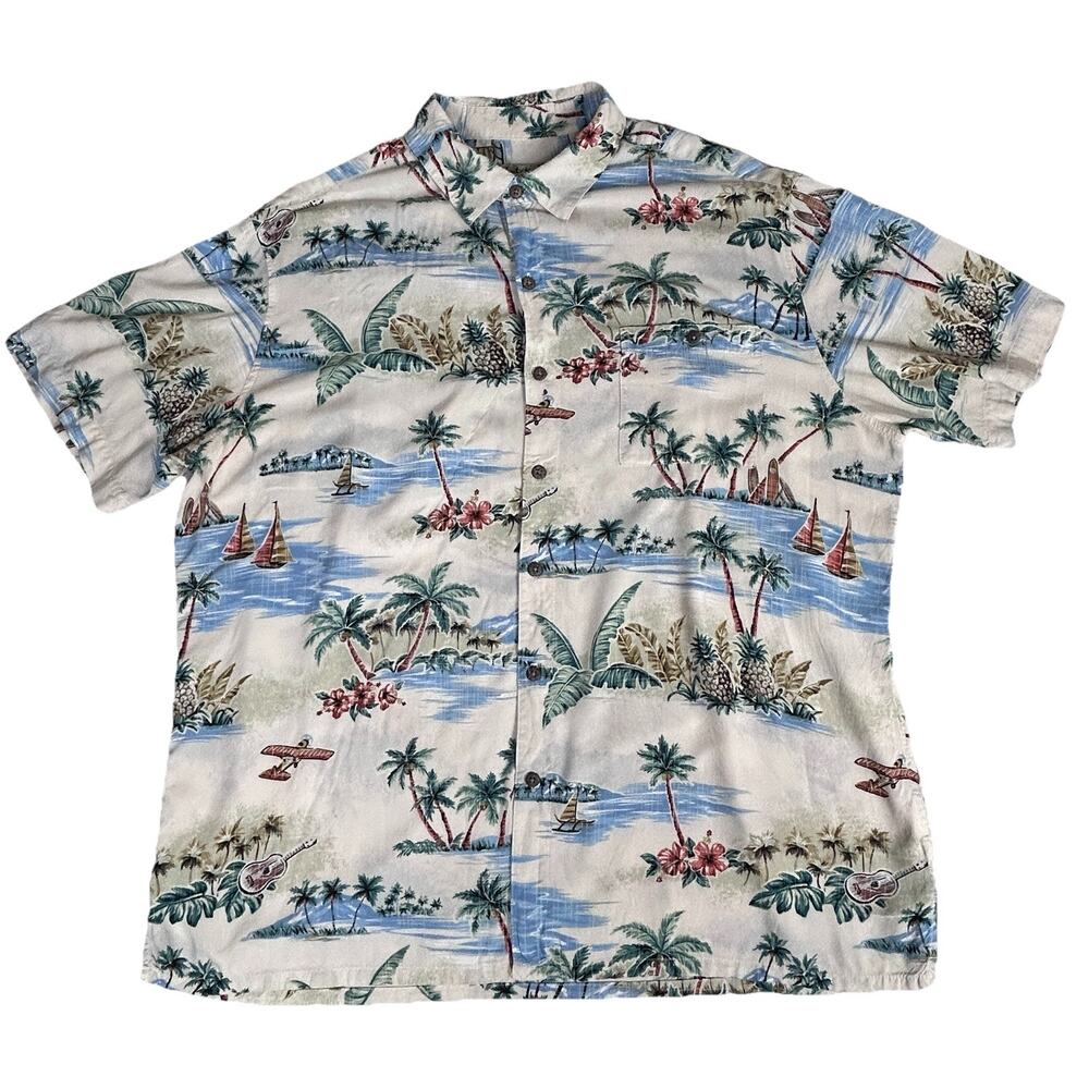 Batik Bay Hawaiian shirt Mens Sz XL Rayon planes, boats, palm trees